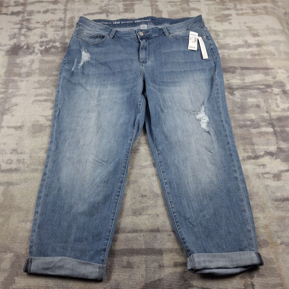Westport Jeans Womens 18W Signature Fit Boyfriend Medium Wash Distressed Cuffed